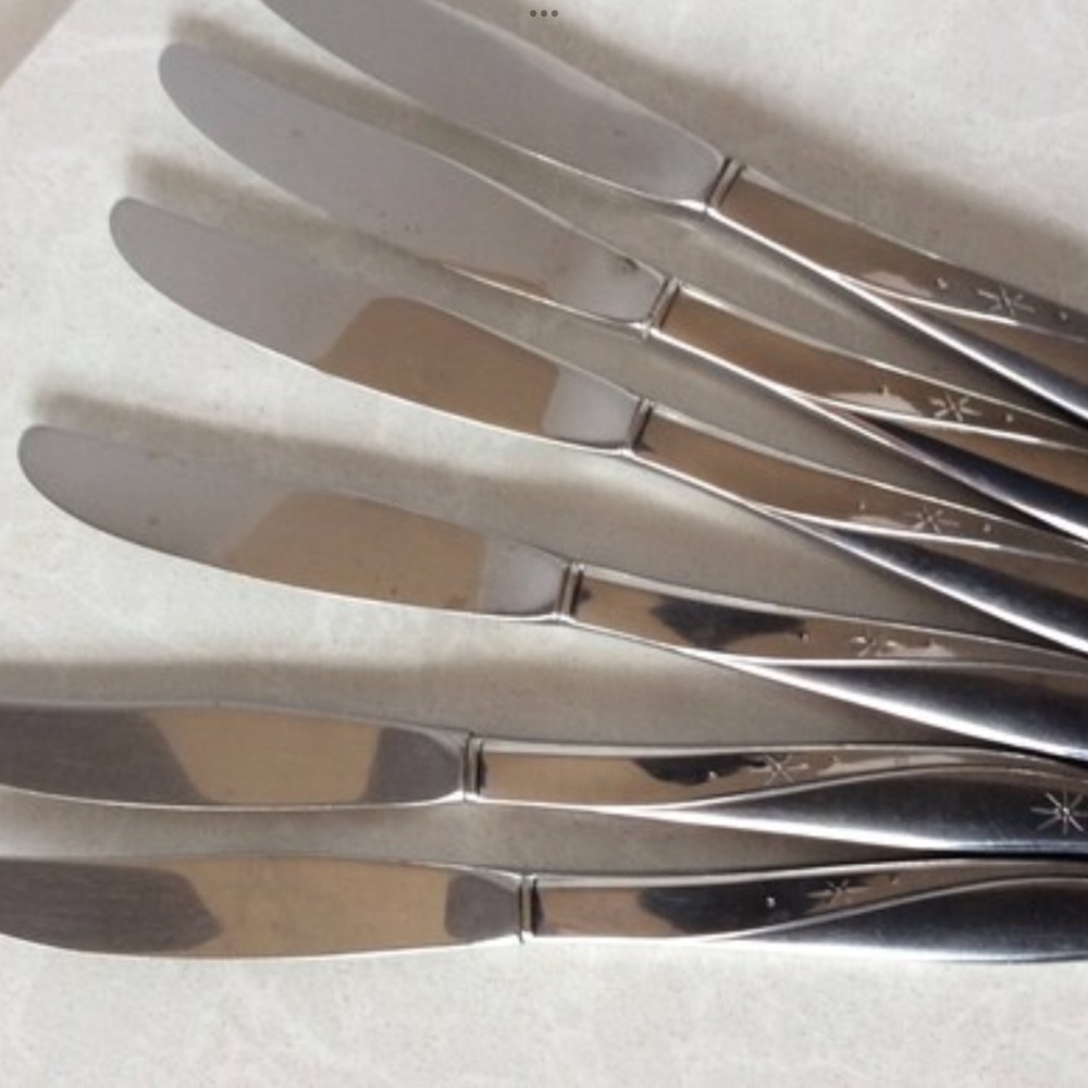 Set of 6 Vintage Oneida Twin Star Atomic Starburst Knives Knife Flatware MCM